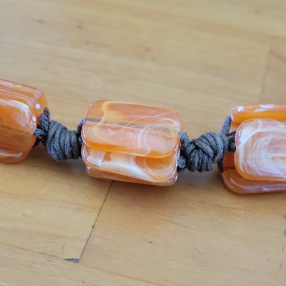 Vintage Artisan Orange White Swirl Glass Bead Knotted Cord Necklace